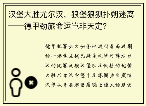 汉堡大胜尤尔汉，狼堡狼狈扑朔迷离——德甲劲旅命运岂非天定？