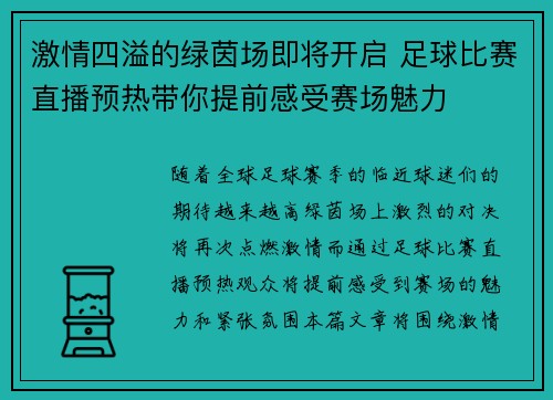 激情四溢的绿茵场即将开启 足球比赛直播预热带你提前感受赛场魅力
